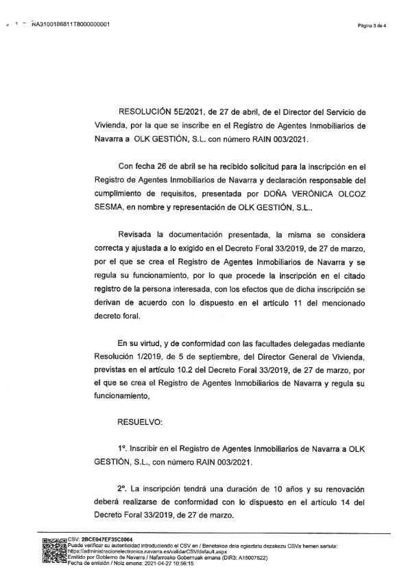 OLK Gestión obtiene la inscripción nº 003/2021 del registro de agentes inmobiliarios de Navarra s25c 0i21050707490 001